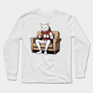 White Cat Sipping on Hot Chocolate Long Sleeve T-Shirt